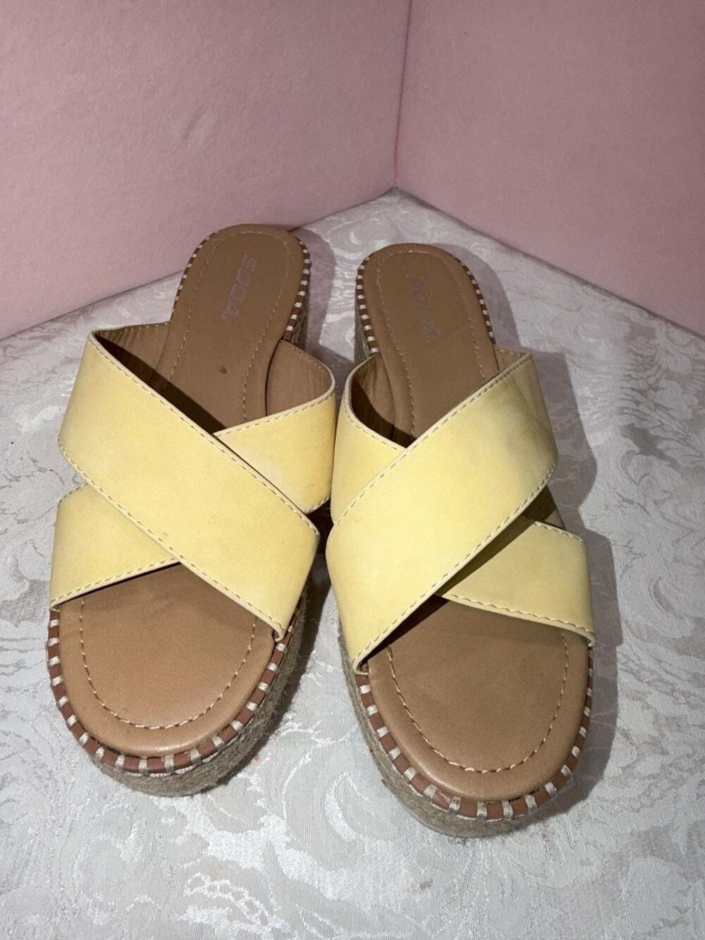 Soda Yellow Faux Suede Criss Cross Espadrille Platform Wedge Sandals Size 10
